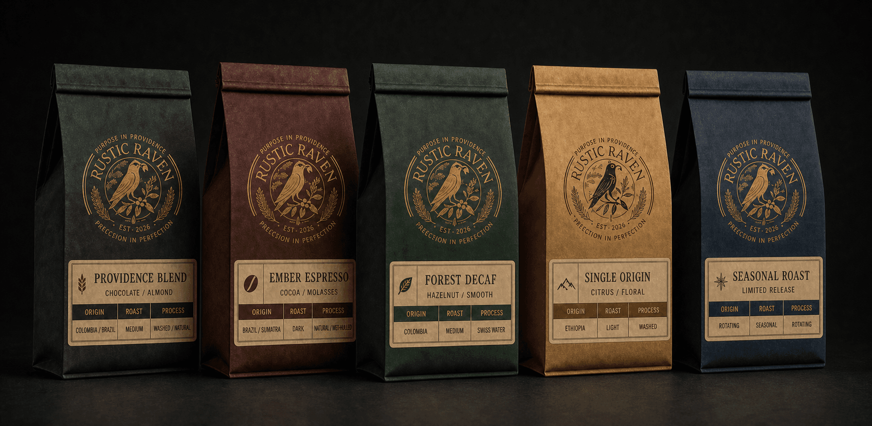 Five refined Rustic Raven coffee bags from the signature collection