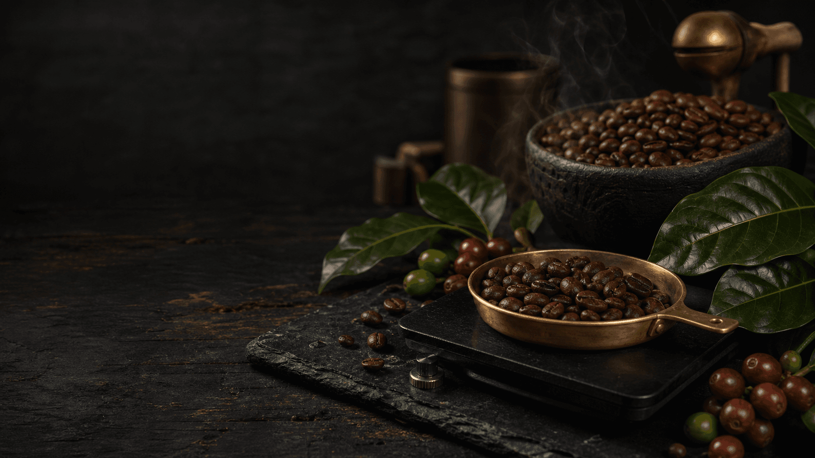 Roasted coffee, cherries, leaves and a brass sample tray on a dark roastery table