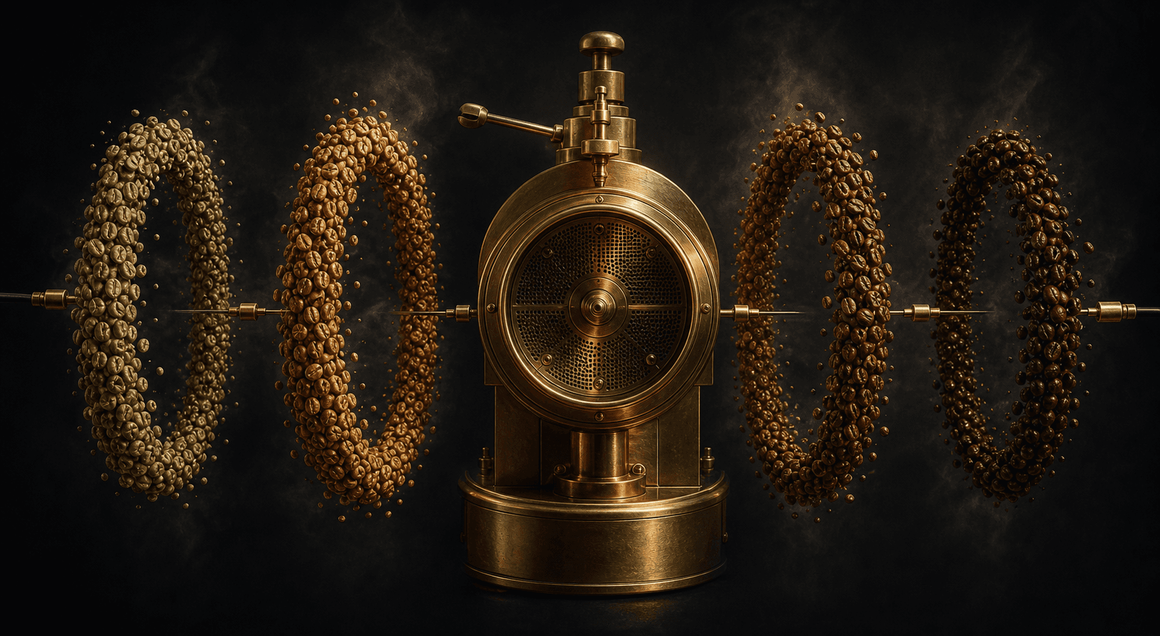 Exploded view of green and roasted coffee stages around a brass roasting drum
